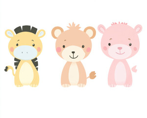Fototapeta premium Cute cartoon jungle animals clip art set vector illustration, white background, pastel color palette, flat design, vector graphics, minimalism,