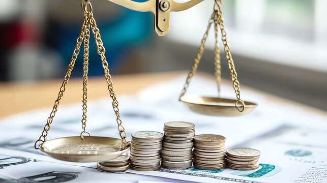 A scale balancing coins symbolizing financial decision making.