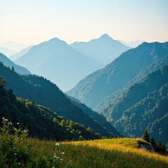 Obraz premium Soft morning light filtering through mountains peaks, peaceful, nature