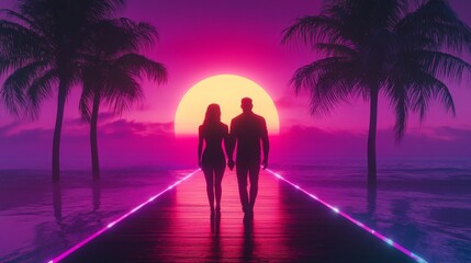 Romantic tropical getaway with couple walking towards sunset on neon illuminated pier