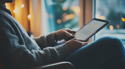 Person relaxing indoors while using a tablet by the window.