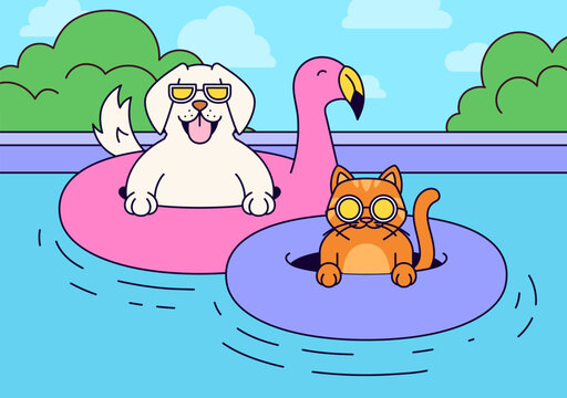 Dog and cat at the pool  on floaties cartoon hand drawn vector illustration