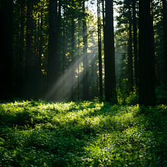 Obraz premium Sunbeams in Lush Green Forest