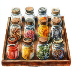 Watercolor spices in glass jars, neatly arranged, evoke sense of culinary art
