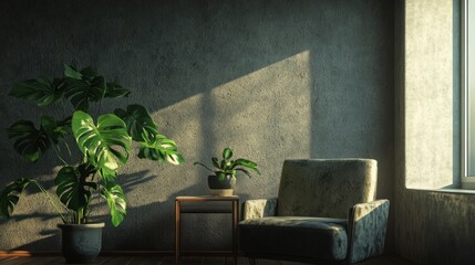 A smooth, dark gray wall with a small white window on the right side of it and an armchair in front of it. A table stands next to the chair. On top is a monstera plant.
