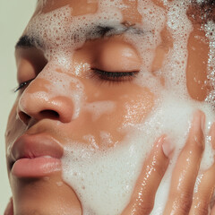 Black Man with Facial Cleanser Foamy Bubbly Cream Face Wash Cleanser Skincare Swatch HD Skin Beauty Clean Clear Refreshing Beauty Cosmetics	