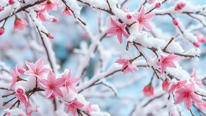 Obraz premium Soft pink flowers float on snowy white branches, christmas tree, winter, ornaments