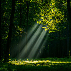 Obraz premium Sunbeams Streaming Through Lush Green Forest