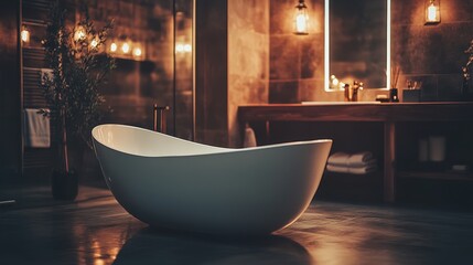 Elegant Modern Bathroom with Minimalist Bathtub and Soft Lighting