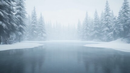 Fototapeta premium A tranquil frozen lake scene enveloped by snow-covered trees, perfect for winter-themed imagery.