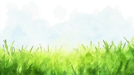 Obraz premium A watercolor painting of a grassy field with a blue sky in the background