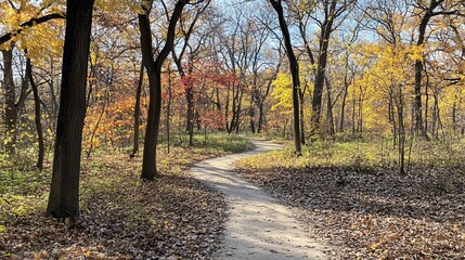 Naklejka premium Winding path through autumn forest with colorful leaves.