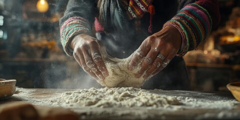 Baker kneading dough in traditional peruvian kitchen