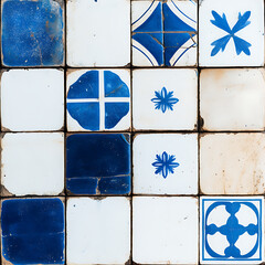 Old Portuguese Azulejo Tiles Displaying Cultural Patterns and Designs in a Square Grid Format