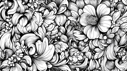 Intricate black-and-white floral design featuring various flowers and swirling patterns.