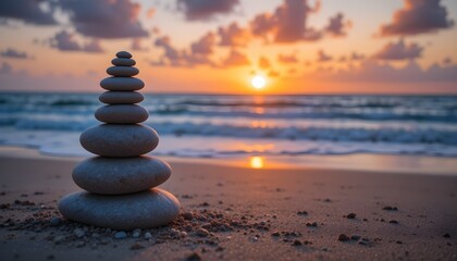 Fototapeta premium Zen Stone Stack on Beach at Sunset – Balance and Tranquility