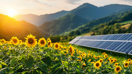 Sunflowers and Solar Panels in Mountainous Landscape at Sunset
