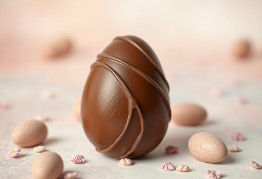 Delicious chocolate egg sits elegantly on soft pastel background, accompanied by decorative mini eggs and delicate flower petals.