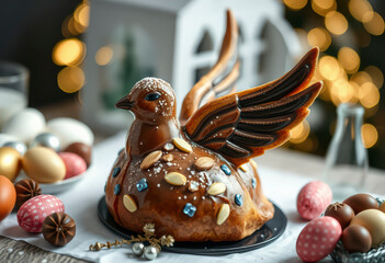 This delightful Easter cake, shaped like a dove, is adorned with chocolate, almonds, and vibrant decorations, perfect for holiday celebrations.