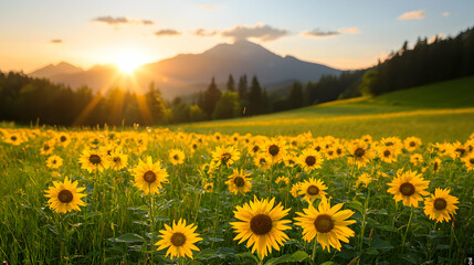 Obraz premium Sunflowers Field at Sunset with Mountain Background
