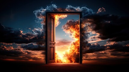 Mysterious doorway opens to flames in a dense forest creating an intriguing and surreal atmosphere
