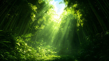 Obraz premium Sunlight Beams Through Lush Green Bamboo Forest