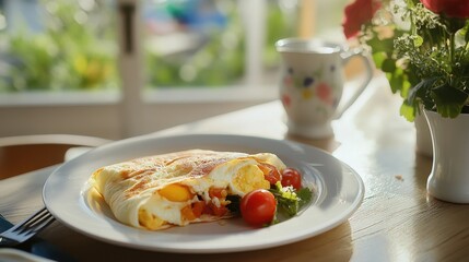 Freshly Made Omelette with Cherry Tomatoes and Green Herbs