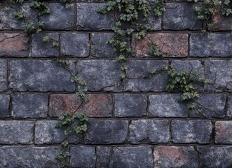 A wide shot of an old, weathered brick wall with vines growing on it. The texture is detailed and realistic, showcasing the natural beauty in aged materials.