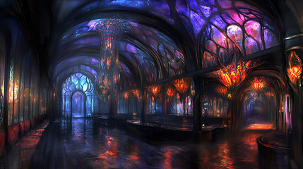 Fototapeta premium Ornate Hall Interior with Stained Glass and Arches Gothic Architecture and Warm Light Ambiance