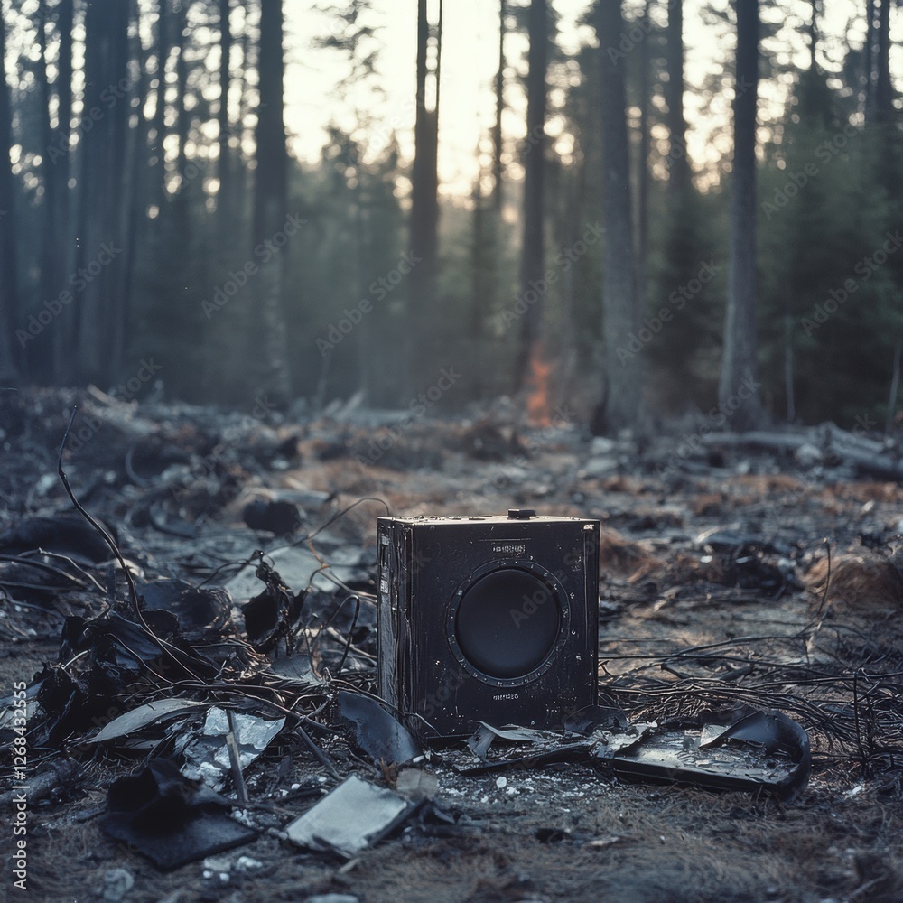 Poster black box recorder found among scattered airplane debris in forested area following crash event. gen