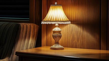 Illuminated bedside lamp, wooden interior, nightstand, cozy ambiance, hotel room, interior design