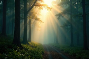 Obraz premium Sunlight filters through mist and fog in forest, scenery, fog