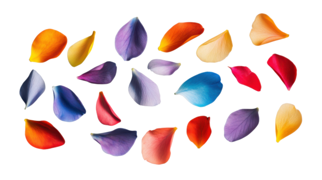 Colorful flower petals falling on transparent background