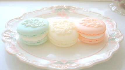Pastel Macarons on a Vintage Plate Floral Details and Delicate Colors Dessert Still Life Sweet Treats