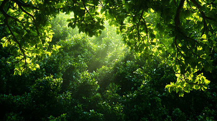 Obraz premium Sunlight Through Lush Green Forest Canopy