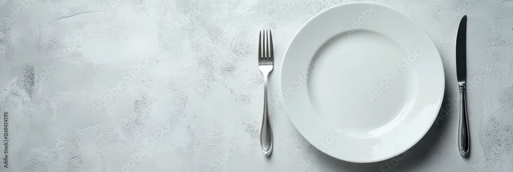 Poster simple dining setup with a white plate, fork, and knife on a textured gray background for mealtime p