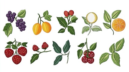 Vibrant Colorful Embroidered Fruit Designs, Isolated Elements with Transparent Background