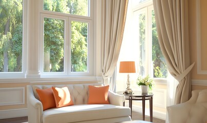 a reception in neocelassical style wite warm colors, Generative AI