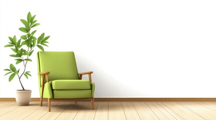 Minimalist interior design with a green armchair and a plant on a wooden floor near a white wall background, simple home decor for a living room or bedroom.