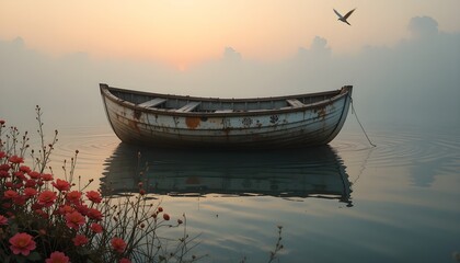 Fototapeta premium Atmospheric Digital Painting of an Old Wooden Rowboat on Calm Water