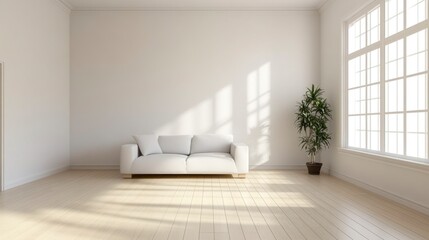 Photo of a minimalist living room with light wooden flooring and white walls, featuring a sleek sofa and potted plant. Web banner with copy space on the right.