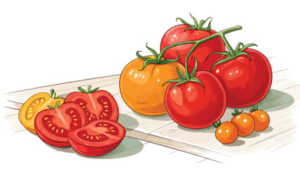 Fototapeta premium Tomato with Tomato Slice on table in white background Illustration vector design, Red Tomato Illustration vector design
