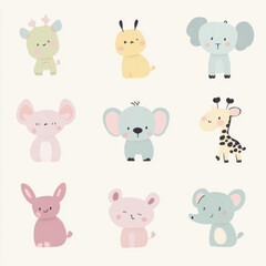 Minimalist soft animals for baby room wall stickers, featuring gentle pastel colors. 