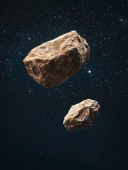 Two rocks floating in space, one rock is a large brown boulder and the other a small pebble-sized object, with a background of stars