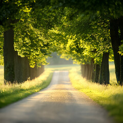 Obraz premium Sunlit Country Road Lined with Lush Green Trees
