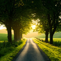 Obraz premium Sunlit Country Road Through Green Trees