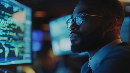 Focused professional analyzing complex data on multiple monitors in a high-tech environment, emphasizing the importance of data visualization and technology in modern business strategy and decision-ma