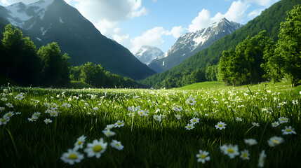 Sunlit Daisy Meadow Amidst Snow Capped Mountains