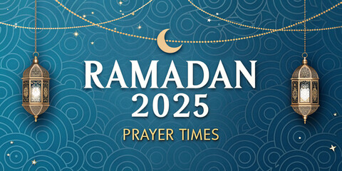 Stylish Ramadan 2025 prayer times card featuring golden lamps, an Islamic arch design, and a celestial night sky theme.