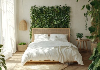 Serene Bedroom Oasis:  A Sanctuary of Natural Light and Lush Greenery